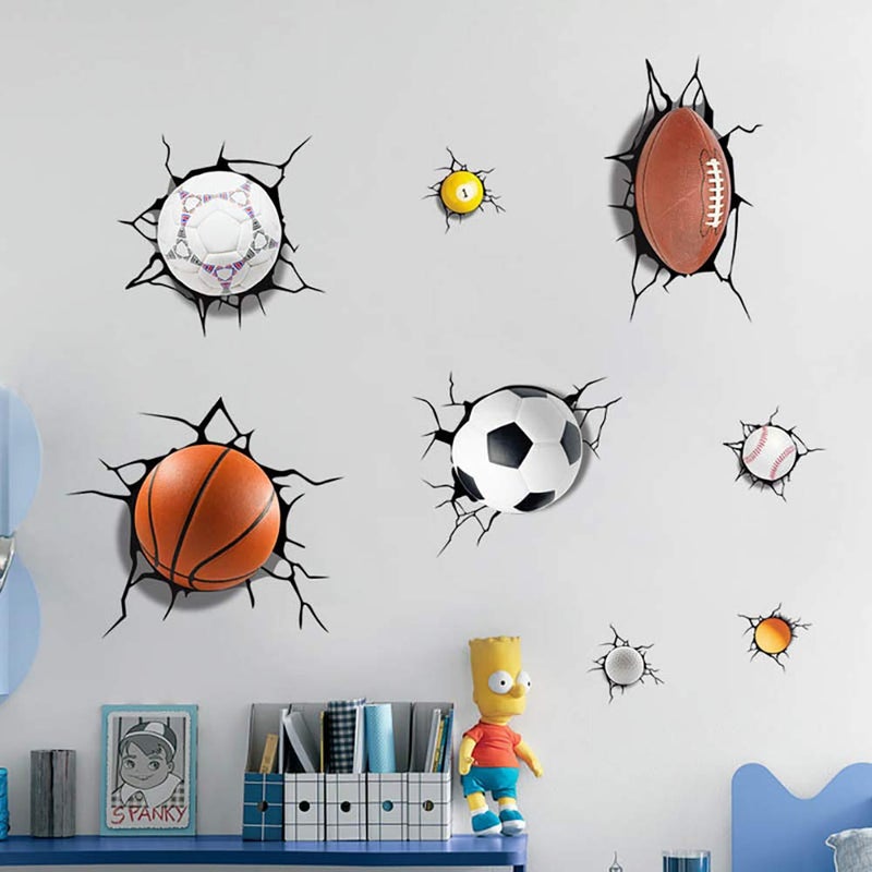 Supzone Sport Balls 3D Wall Stickers Break Through DIY Basketball, Rugby, Baseball, Football Wall Decor Boys Playroom, Bedroom, Classroom, Living Room - Image 2